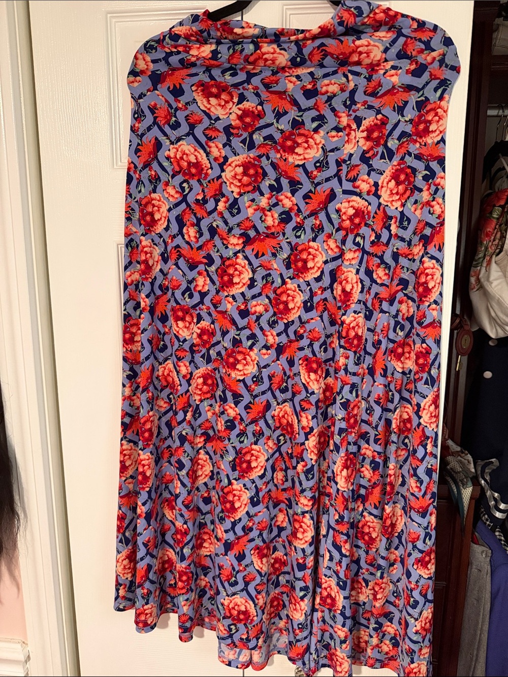 LuLaRoe Blue Skirt with Red and Coral Floral Print